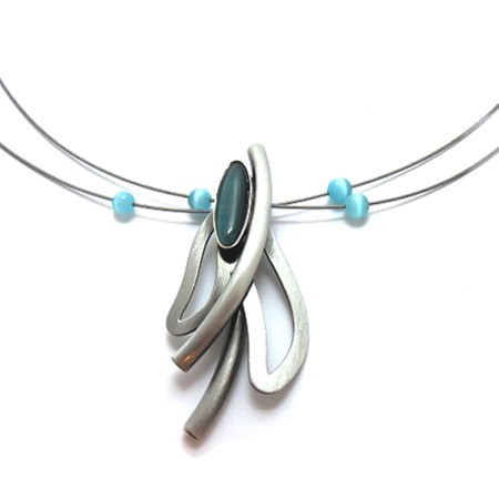 Brushed Silver Bright Blue Catsite Multiwire Necklace - Click Image to Close